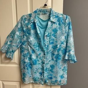 Blouse Blue Floral Button Down, Flair 3/4 Sleeve, Womens Plus Petite Size